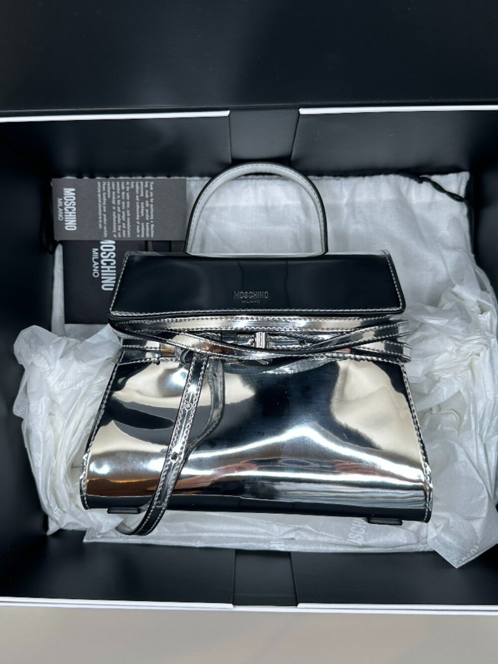 Moschino Tie Me Metallic Silver Tote Bag — Unused With Box, Dust Bag & Tags - Picture 13 of 14